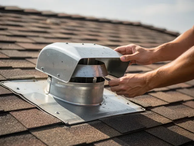 Fairfield Dryer Vent Cleaning certified technician safely cleaning a roof-mounted dryer vent in Fairfield