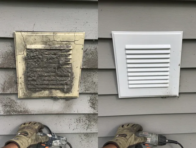 Fairfield Dryer Vent Cleaning technician installing high-quality dryer vent cover at a residential property in Fairfield